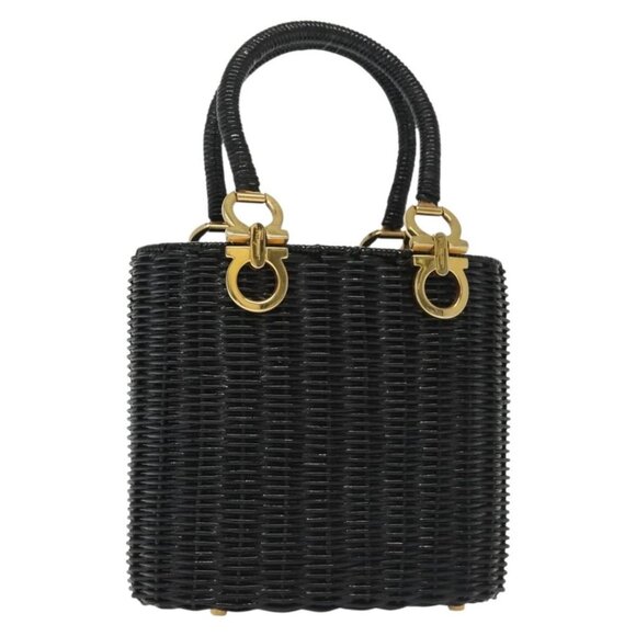 Salvatore Ferragamo Gancini Hand Bag Rattan Black Gold Auth 138876A - Picture 1 of 16